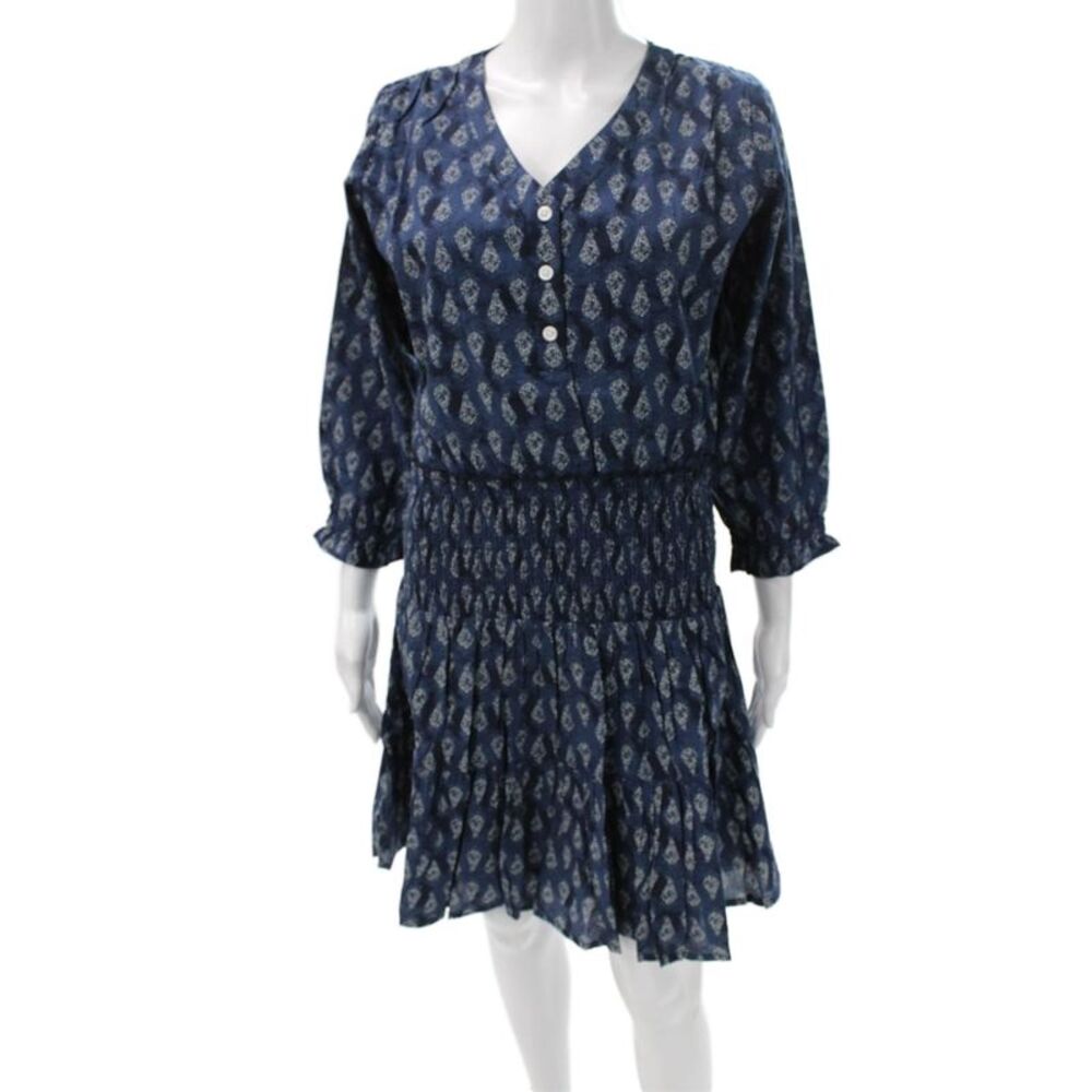 Madison Mathews Women Boho Paisley Mini Dress Blue V-Neck 3/4 Sleeve Size S